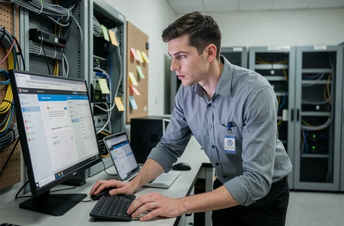 Technicien informatique hospitalier configurant et supervisant la messagerie sécurisée AP-HP dans une salle technique
