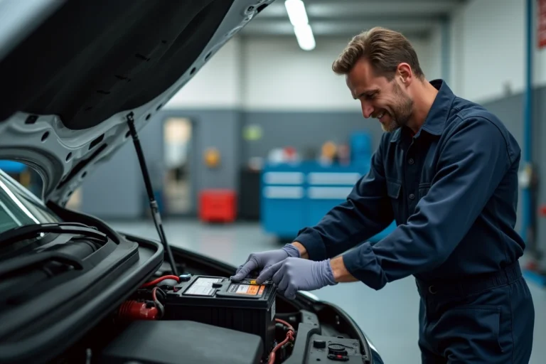 Technicien automobile inspectant la batterie d'une Renault Austral dans un garage professionnel
