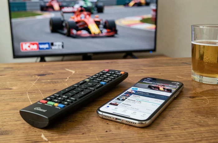 Télécommande et smartphone affichant le programme F1 devant un écran de télévision diffusant une course