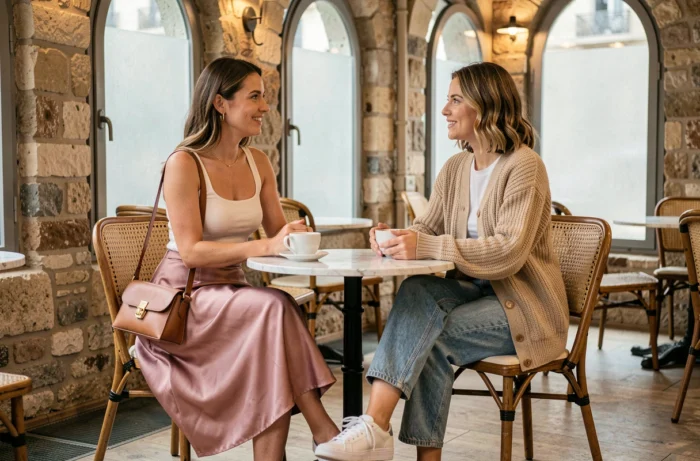 Deux femmes tendance attablées dans un café parisien contemporain, looks mode satin rose et cardigan grosse maille, style décontracté chic