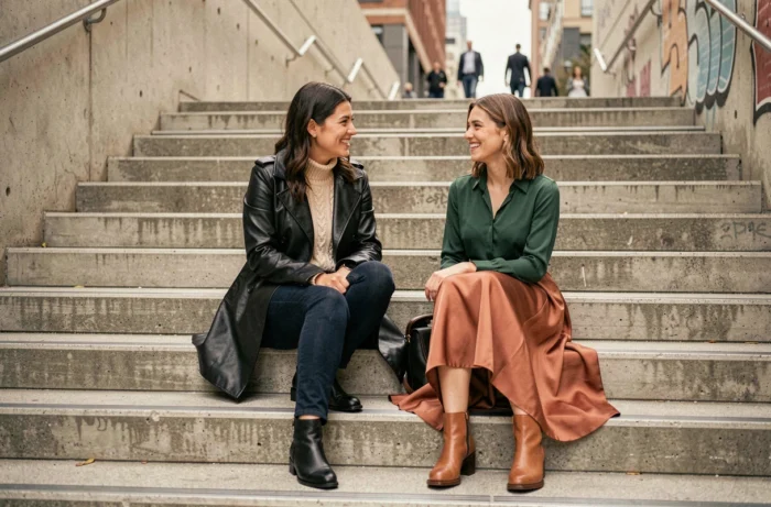 Deux femmes assises dans un escalier urbain en béton portant des tenues tendance automne-hiver, cuir, tricot et soie terracotta