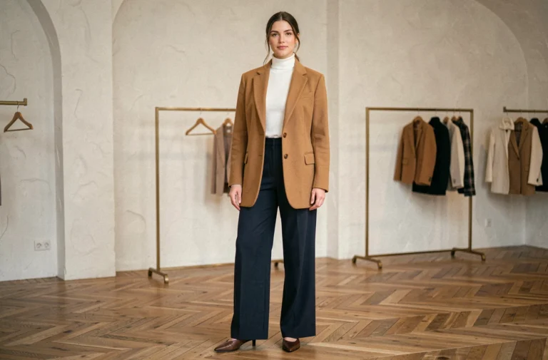 Femme élégante en blazer camel oversize et pantalon large marine dans une boutique parisienne minimaliste, tendances mode automne-hiver