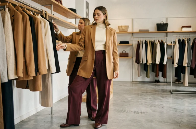 Femme élégante en blazer camel oversize et pantalon large bordeaux dans une boutique de mode minimaliste parisienne