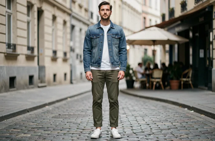 Homme tendance en veste en jean délavé et chino olive dans une rue pavée européenne, style mode décontracté moderne