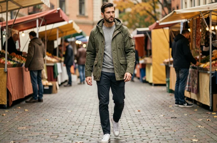 Homme stylé en veste utilitaire olive et chino slim marchant dans un marché urbain en automne, tendances mode masculine 2024