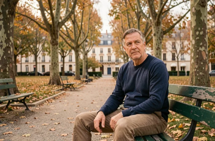 Thierry Cabane dans un parc parisien en automne, offrant un aperçu de sa personnalité et de sa vie privée loin de la sphère publique
