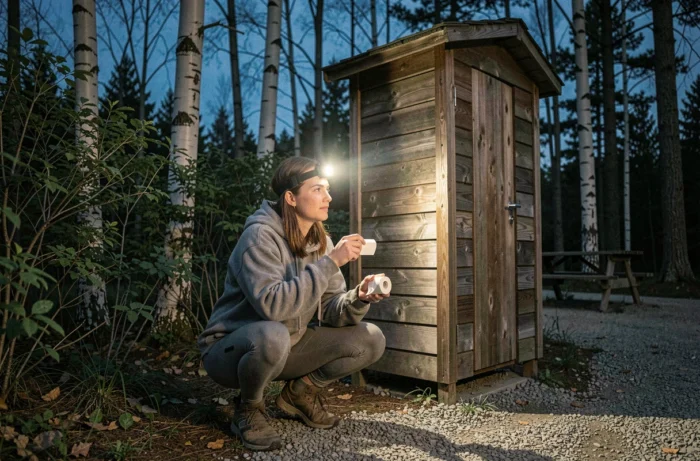 Femme en camping la nuit se dirigeant vers les toilettes rustiques avec lampe frontale et papier hygiénique biodégradable