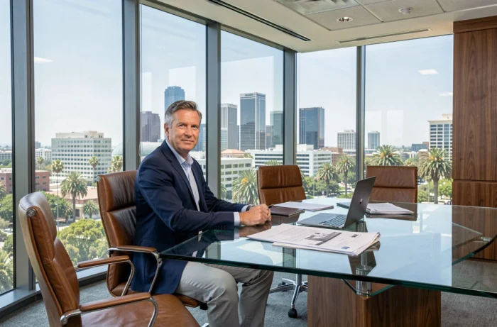 Homme d'affaires installé dans un bureau moderne de Los Angeles avec vue sur la skyline, symbolisant le succès entrepreneurial et la fortune de Tony Scotti en Californie