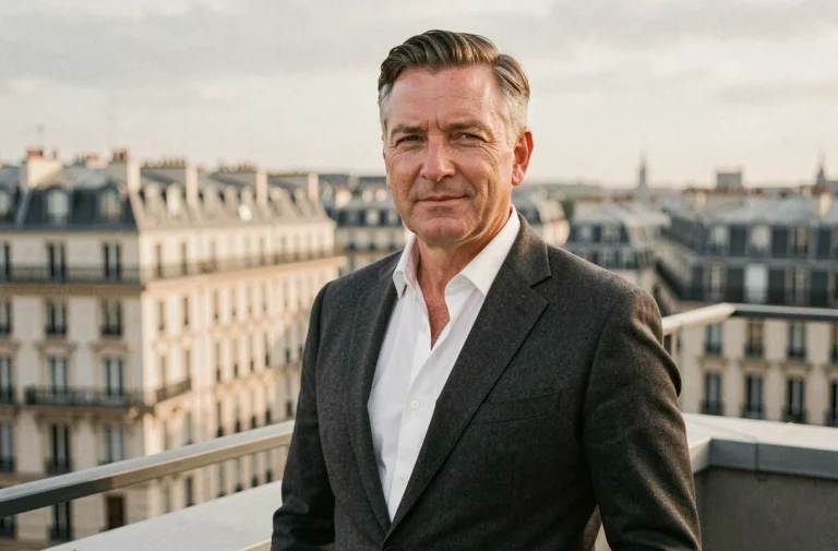 Entrepreneur franco-américain en costume sur une terrasse avec vue sur les toits de Paris, illustrant le parcours de Tony Scotti entre la France et les États-Unis