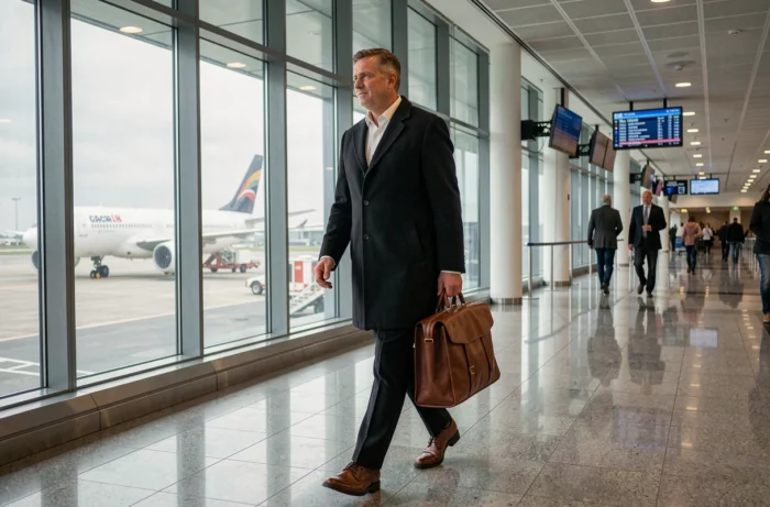 Entrepreneur en manteau sombre traversant un aéroport international, représentant les voyages fréquents entre Paris et Los Angeles au cœur du parcours de Tony Scotti