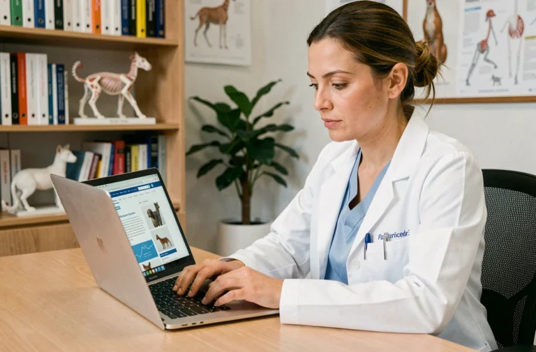 Vétérinaire consultant des ressources médicales en ligne sur un ordinateur portable dans une clinique vétérinaire professionnelle