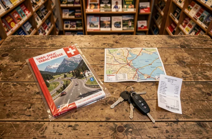 Vignette suisse en vente dans un bureau de tabac français avec carte routière et clés de voiture